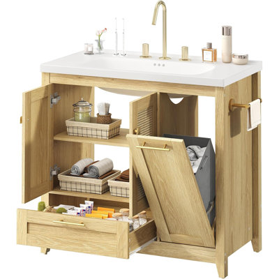 Meuble-lavabo sur pied 36 po avec lavabo en céramique, armoire de rangement autoportante avec tiroir et panier à linge inclinable, armoire de rangement pour salle de bain