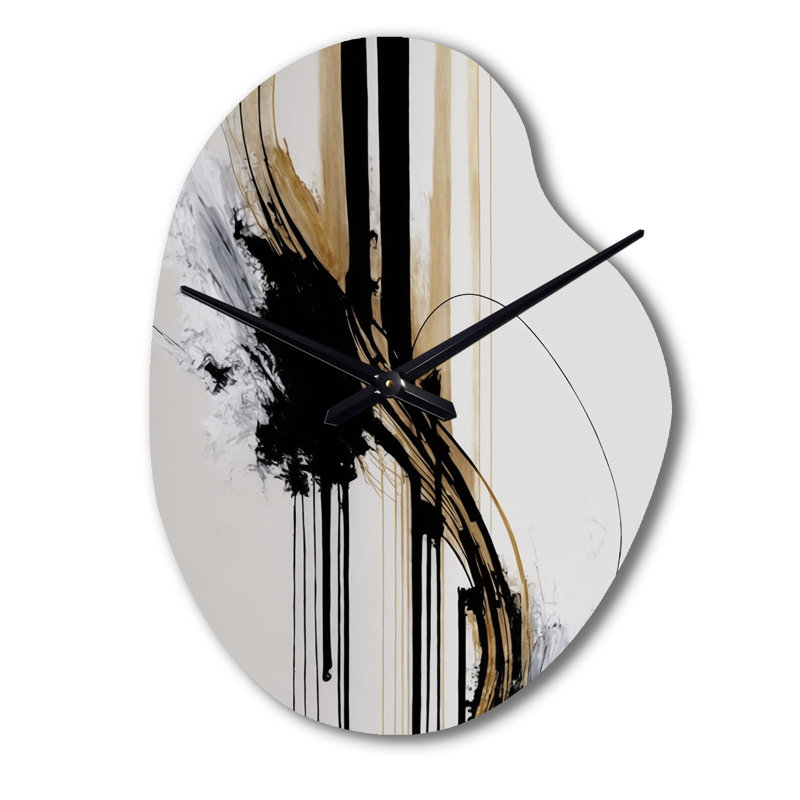 Golden Minimalist Abstract II - horloge murale abstraite de forme unique en métal, impression d'horloge murale asymétrique moderne