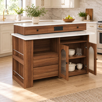 Îlot de cuisine avec table pivotante extensible, 4 tiroirs et armoires à portes vitrées