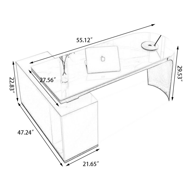Bureau rectangulaire en pierre + bois manufacturé + acier inoxydable avec 3 tiroirs, H 29,53 po x l 55,12 po x P 27,56 po