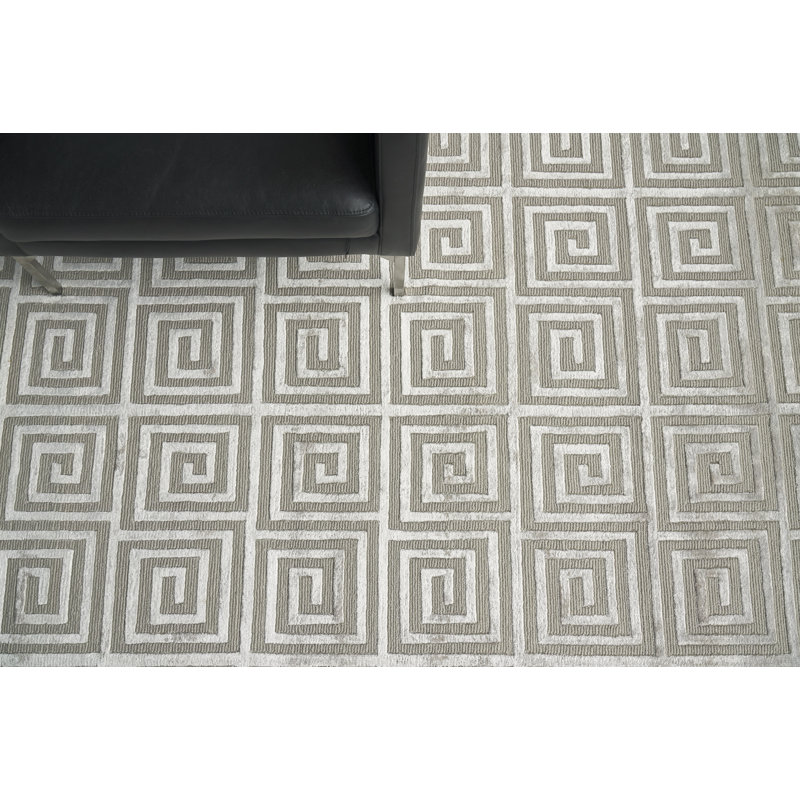 Greek Key Geometric Area Rug in Blue, Silver, Rectangle 12' x 15'