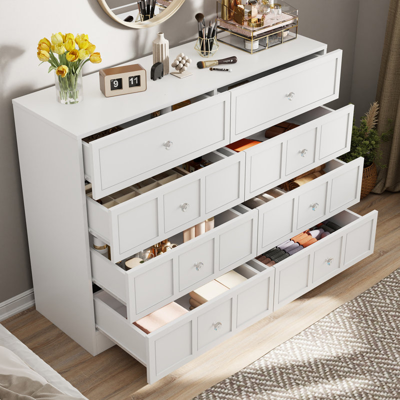 47" W 8 Drawer Dresser - Wood Bedroom Dresser, Double Dresser for Bedroom, White