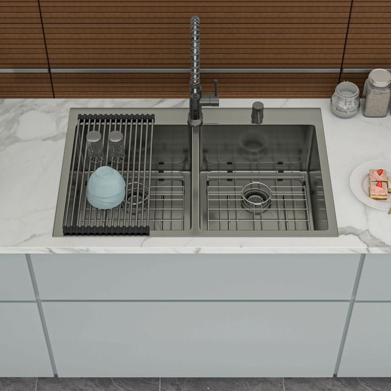 Double Bowl Drop In Sink- 33"X22" Gunmetal Black  Double Bowl Kitchen Sink 16 Gauge With Two 10" Deep Basin