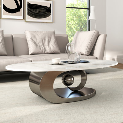 Modern Oval Faux Marble Coffee Table, Sculptural Steel Base for Luxury Contemporary Living Room