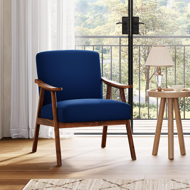 26" Wide Velvet Fabric Mid Century Upholstered Solid Wood Accent Chair, Velvet, Blue