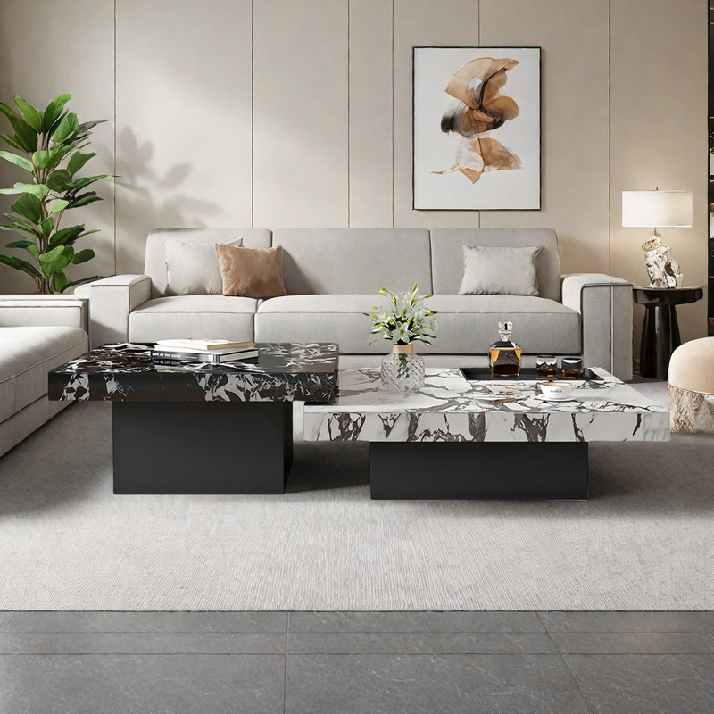 Modern rock plate coffee table set, Black/Gray/White, 13.8" H x 47.2" L x 47.2" W