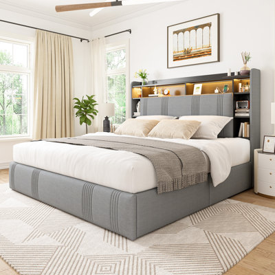 Upholstered Bed Frame With Headboard And Led Lights, Storage Bed With 4  Drawers And Open Shelves, Led Bed With Charging Station