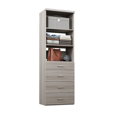 Grey Oak 25.5" Wall-Mounted Closet Section with 3 Shelves & 4 Slab Drawers