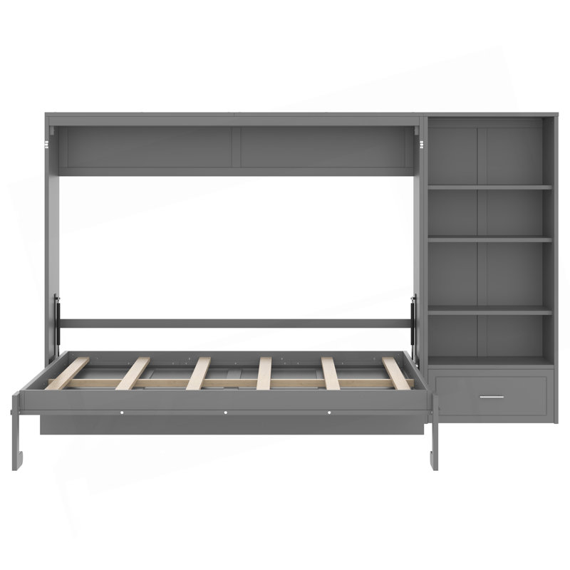 Grand lit escamotable avec compartiments de rangement à hauteur réglable et tablette, cadre de lit mural avec 1 tiroir, lit plateforme pliable multifonctionnel pour petit espace, chambre à coucher, chambre d'amis
