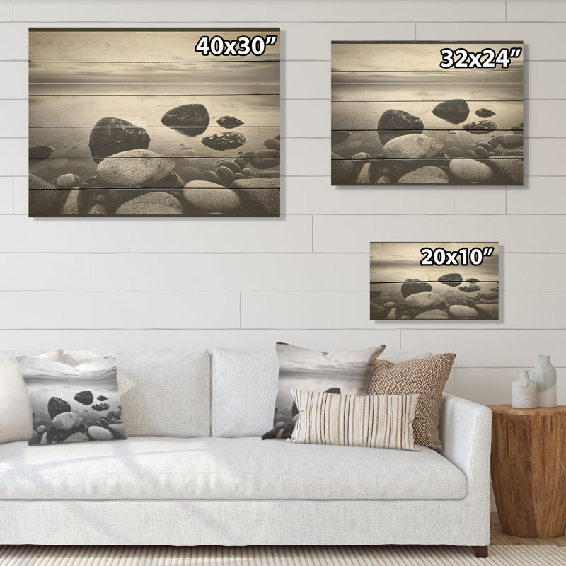Black And White Rocky Beach Horizon - Coastal Minimalism Wood Wall Art On Natural Pine Wood, 30" H x 40" W
