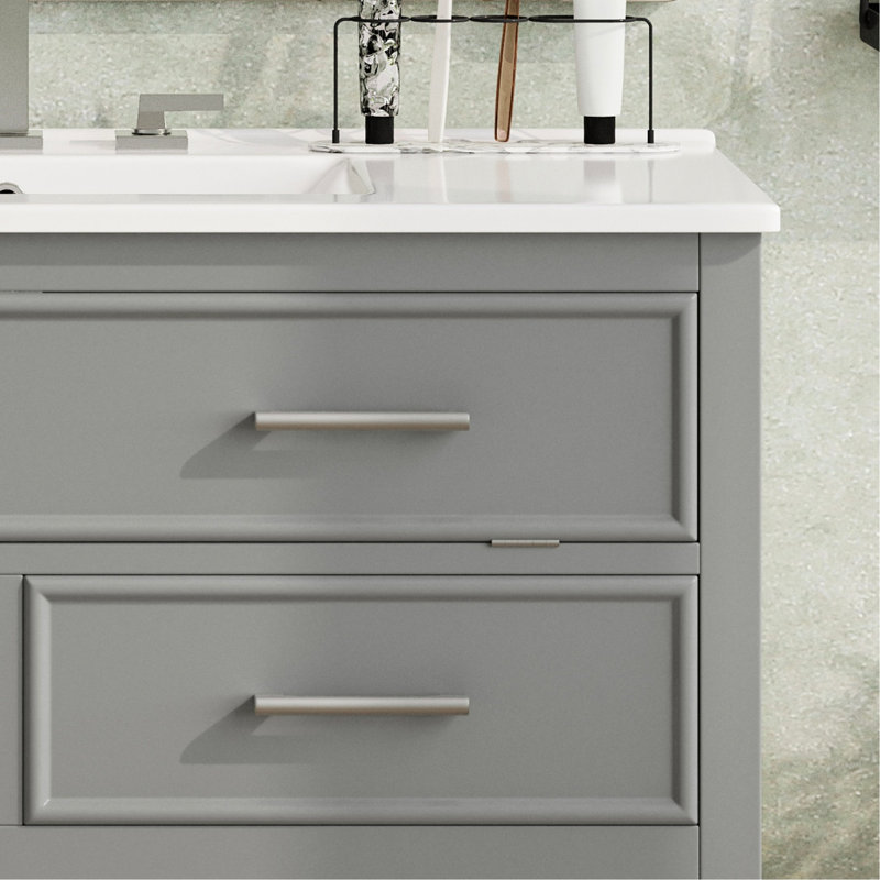 Meuble-lavabo gris 36 po avec lavabo en céramique, tiroirs pleine extension, glissières de tiroir à fermeture en douceur et glissières de lavabo lustrées, poignées de tiroir en argent rouille