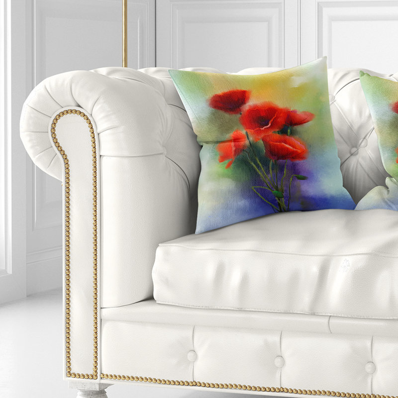 Watercolor Red Poppy Flowers - Coussin imprimé floral, 18 po x 18 po, Coussin décoratif