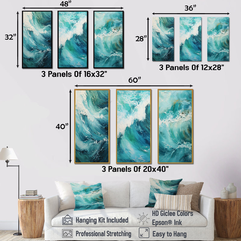 Expression de vagues bleu sarcelle, Cadre flottant doré, H 28 po x l 36 po