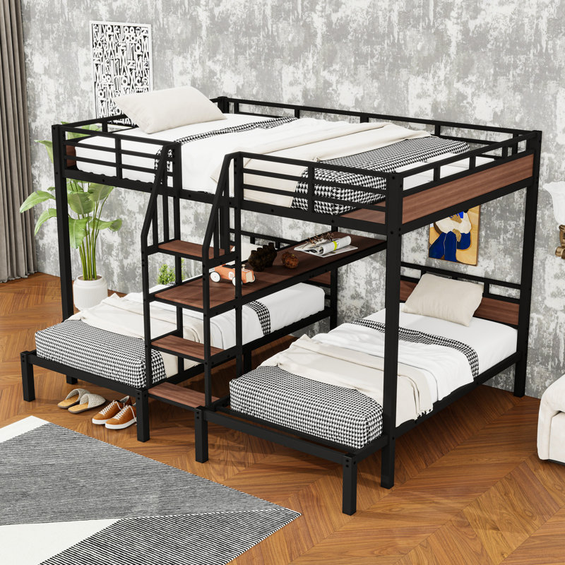 Metal Triple Bunk Bed With Storage Shelves, Queen Over Twin/Twin