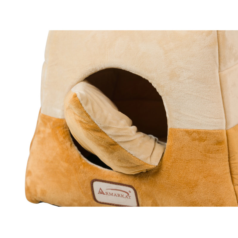 Small Velvet Brown and Beige Cat Bed with Fiberfill