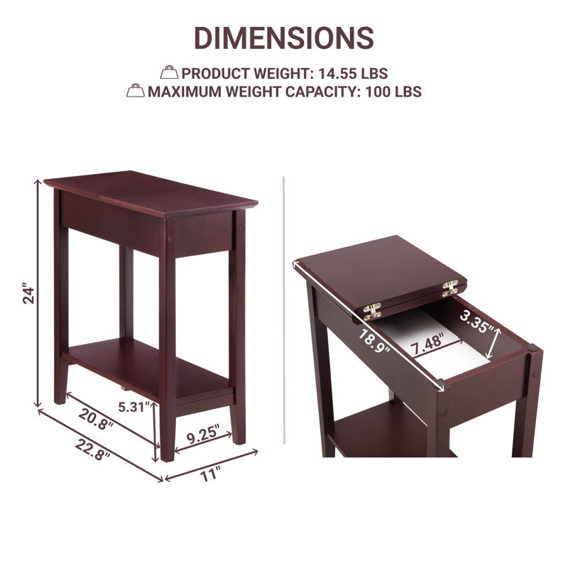 Thasnim Slim Storage End Table with Flip Top Compartment & Open Shelf, Narrow Side Table for Small Spaces, Modern Nightstand for Bedroom, Living Room, Entryway – Compact Space Organizer