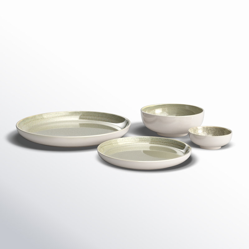 Sango Resona 16-Piece Stoneware Dinnerware Set - Service For 4, Plate And Bowl Set, Moss Green/Cream