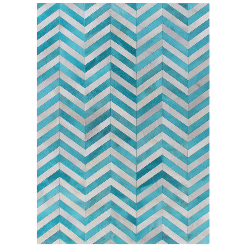 Natural Hide Cowhide Chevron Area Rug in Turquoise/Ivory/Gray, Rectangle 5' x 8'