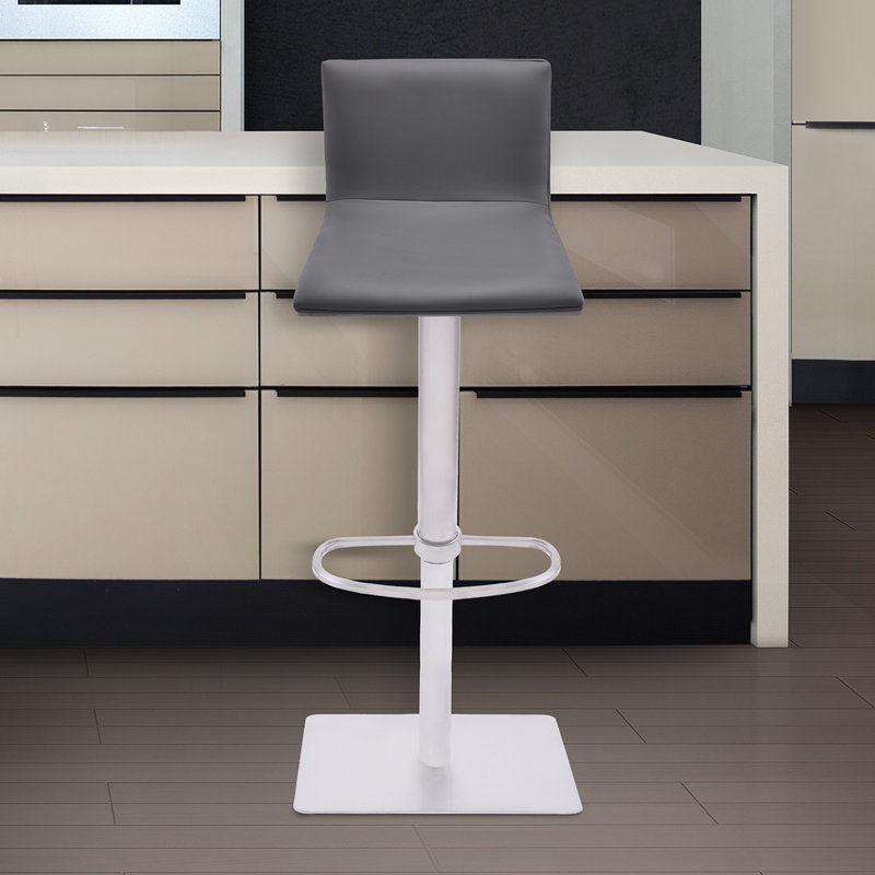 Tabouret de bar rotatif à hauteur ajustable avec base piédestal en acier inoxydable brossé Bjorn, Noyer, Similicuir - gris
