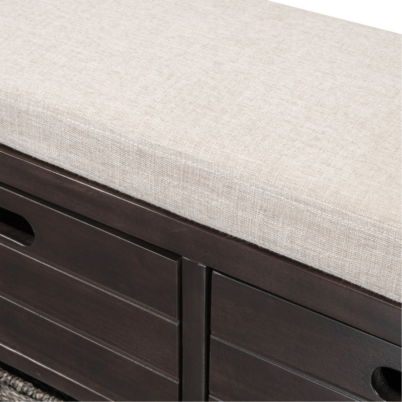 Banc de rangement avec panier amovible et 2 tiroirs, banc à chaussures entièrement assemblé avec coussin amovible (espresso)