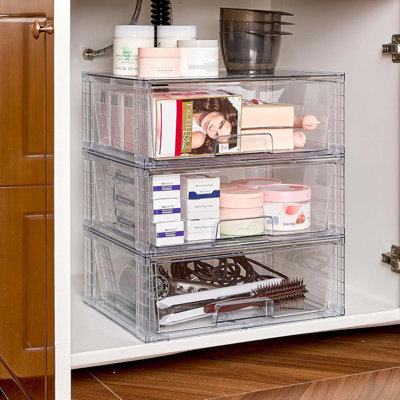 2 Pack Large Storage Drawer  Stackable, Clear Acrylic, Easy Assembly, Bathroom Closet Kitchen Organizer