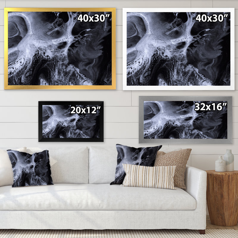 «Black and White Marble Waves», reproduction sur toile, H 12 po x l 20 po x P 1 po, Cadre photo doré