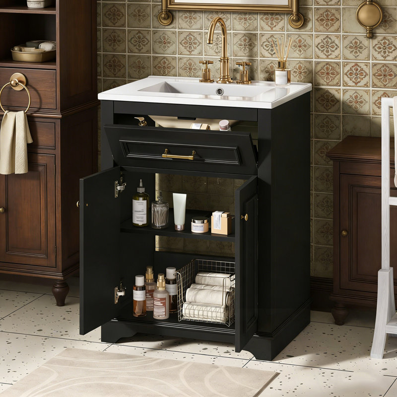 Meuble-lavabo avec lavabo, 2 portes et 1 tiroir basculant, Noir