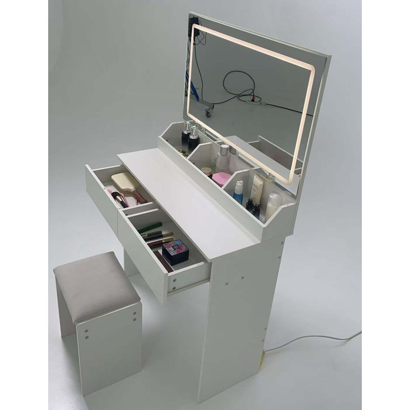 31" X 20" Extra Large LED Mirror Makeup Vanity Table   Soft Cushion Stool Suit, Touch Switch, 3 Colors, Adjustable Brightness, Large Capacity Storage, Compact Dressing Table Suitable For Small Space