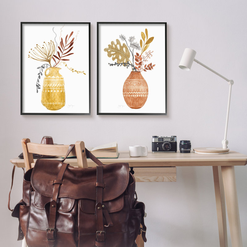" Boho Wildflower Botanical Arrangements Aztec Patterned Vases " by Tava Studios 2 - Pieces, 24" H x 30" W