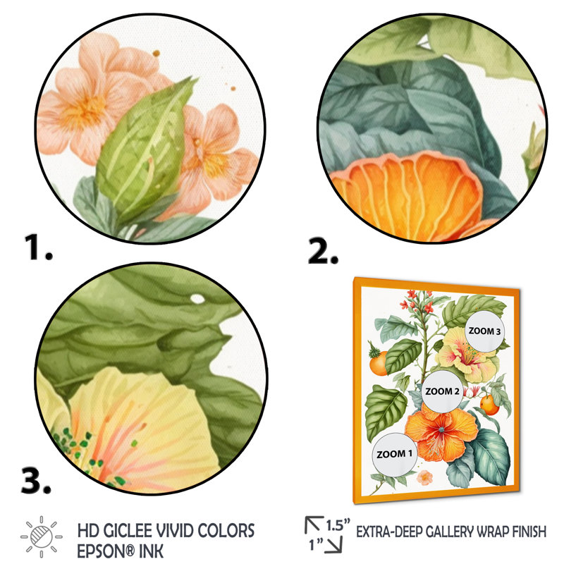 «Blossiming Yellow Retro Hibiscus I - Floral Hibiscus, art mural sur toile, Encadrement doré, H 44 po x l 34 po x P 1,5 po