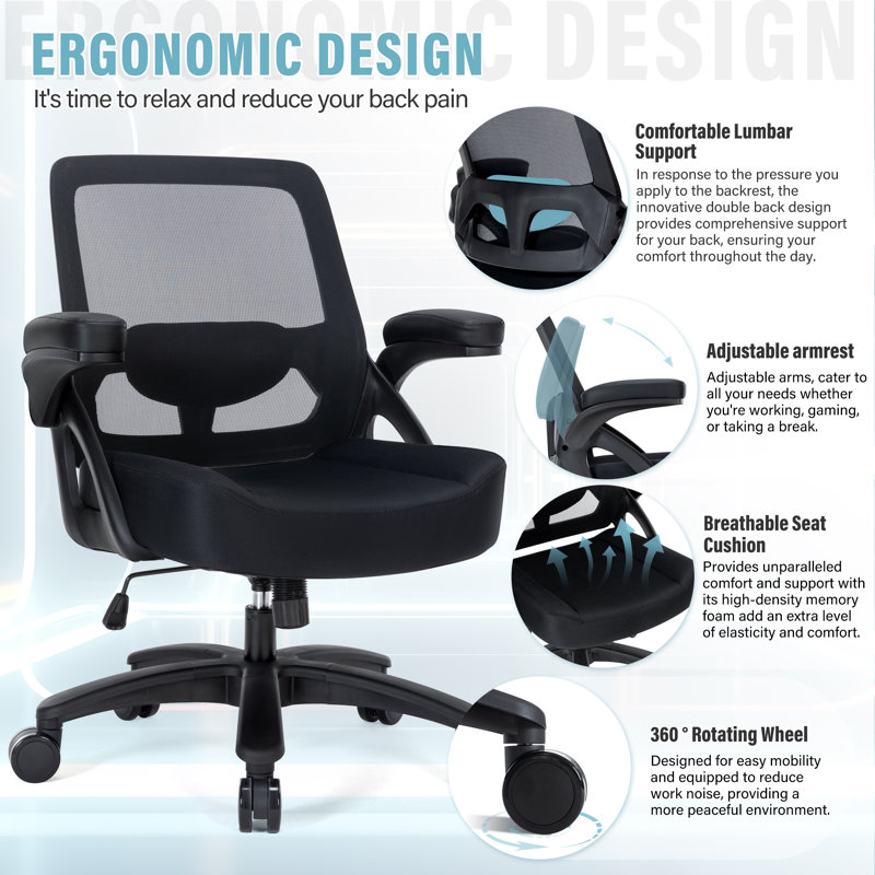 Chaise de bureau surdimensionnée en filet avec base robuste, Noir