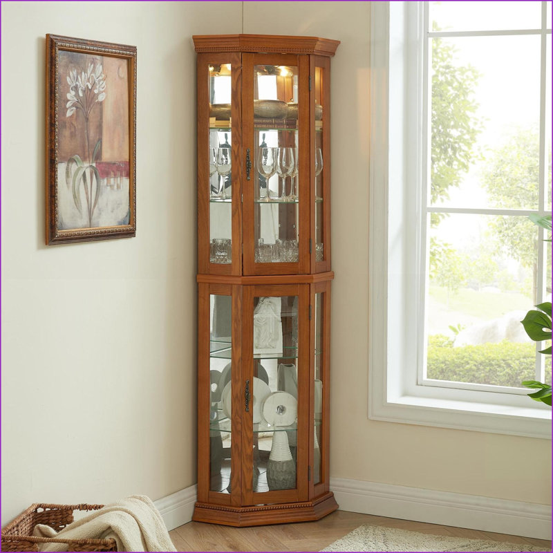 Cabinets: Lighted Corner Curio Cabinet with Glass Doors, Adjustable Shelves &amp; Included Bulb | Traditional | MDF+glass