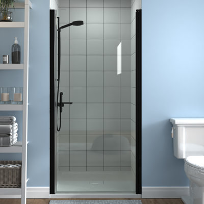 ANGELES HOME 34 in. W x 72 in. H Pivot Frameless Shower Door in Matte Black with Pattern Glass