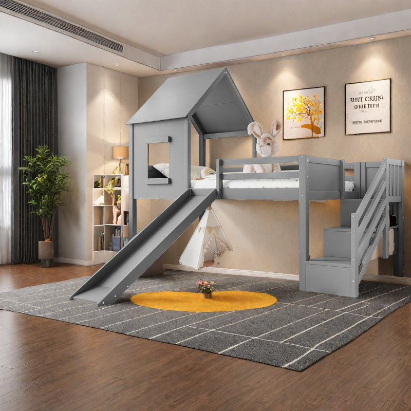 Space-saving Twin Loft Bed With Storage And Slide, Modern Gray Wood Design