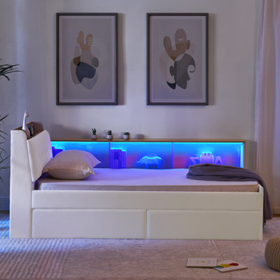 Lit de jour simple avec revêtement en velours beige, tête de lit avec rangement, charge sans fil et lumières à DEL, charge de chambre à coucher silencieuse, éclairage des tiroirs, pièce décorative