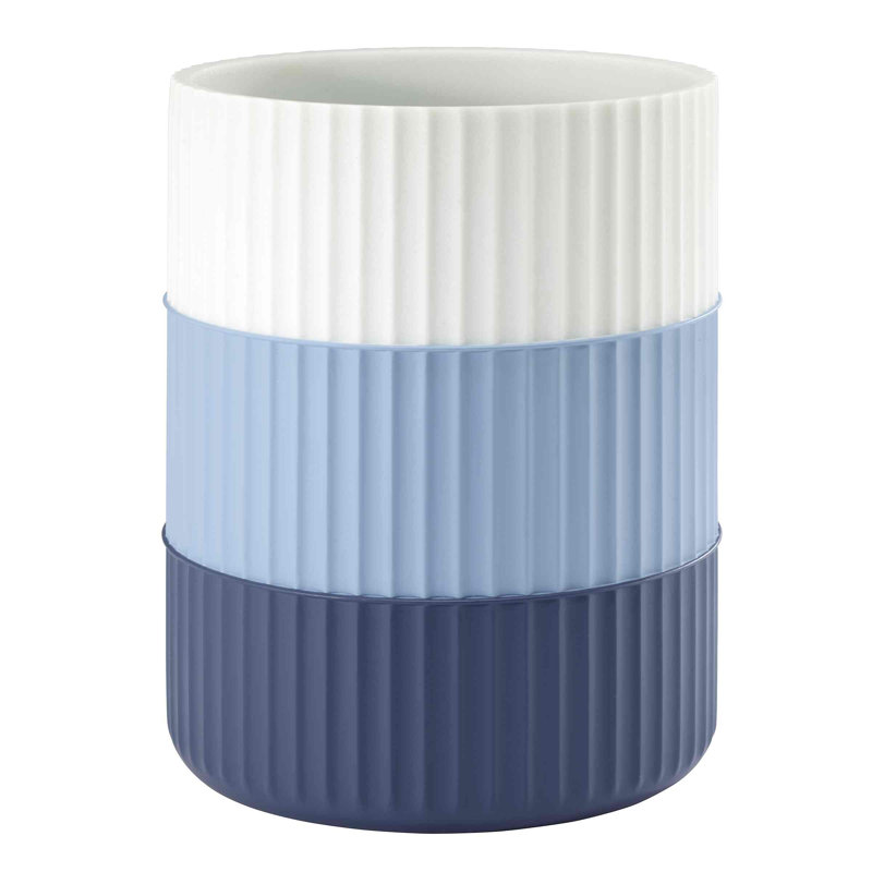 Striped Blue and White Plastic Bathroom Wastebasket