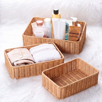 Set Of 3 Handwoven Rattan Nesting Storage Baskets, Rectangular Wicker Bins For Pantry, Shelf, Closet & Countertop Organization