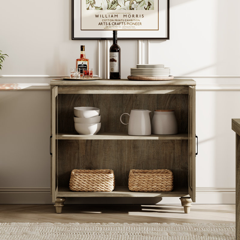 Scarlett Sideboard Cabinet With Bar Hutch, Buffet Cabinet With 2 Glass Doors, Wash Gray