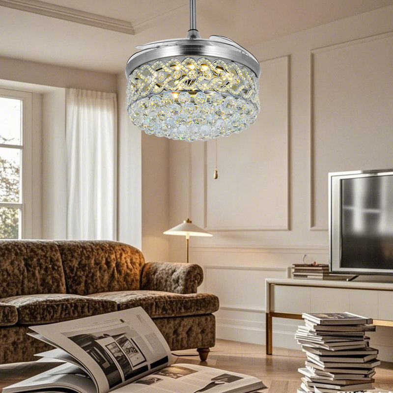 42-inch Silver Heart-shaped Crystal Invisible Fan Light With Remote Control And Three-tone Lighting