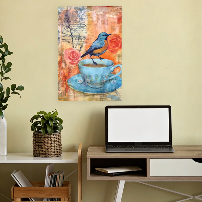 Pause-café avec oiseaux et fleurs - Affiche murale contemporaine, H 18 po x l 12 po