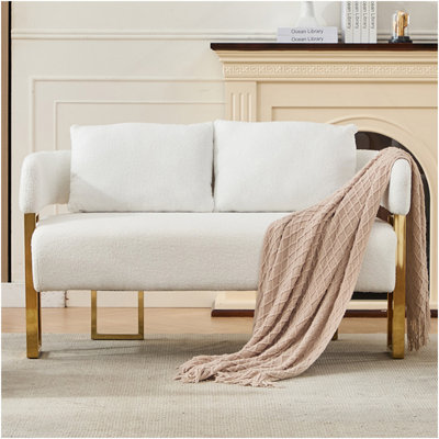 Modern Decorative Chair, Living Room Side Chair With Gold Metal Legs, No Wheels, Suitable For Dressing Area, Reception Room, Office,Teddy Fleece Upholstered Metal Foot Sofas  White，Only includes a two-seater sofa