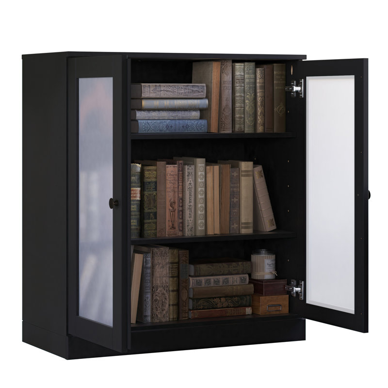Palace Imports 100% Solid Wood 3-Shelf Bookcase, Frosted Glass Doors, Adjustable Shelves, 32" Wide, 35.75" Tall, Black