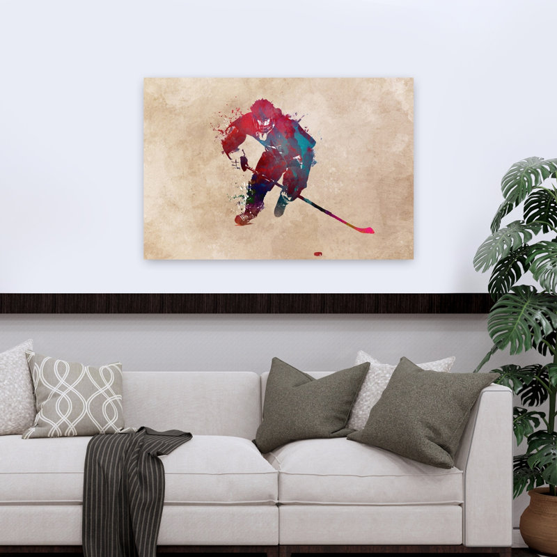 «Dynamic Hockey Player Splash Abstract Contemporary Winter Landscape», reproduction d'art mural, H 32 po x l 48 po