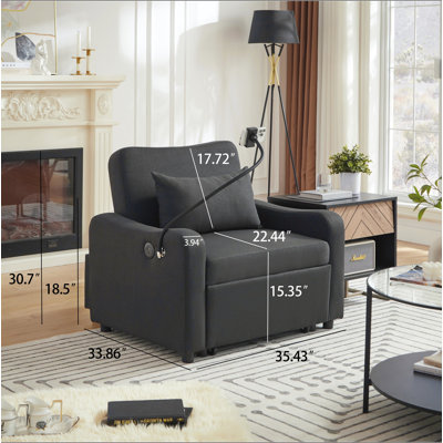 Canapé-lit, canapé-lit convertible 3 en 1 avec dossier réglable, support pour téléphone et port USB, type C, fauteuil inclinable réglable, fauteuil pour salon, chambre à coucher, petit espace