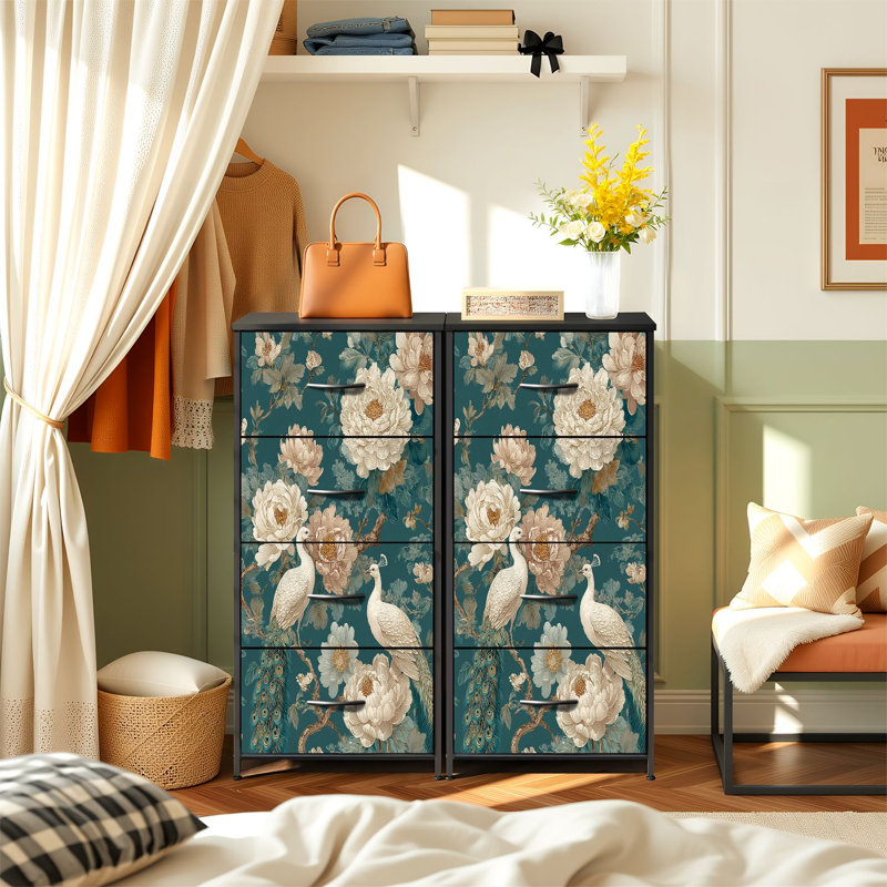 Commode pour chambre à coucher avec 4 tiroirs de rangement Élégante conception florale à motif de paon, commode bleu sarcelle, commode en acier avec cadre en placard pour vestibule