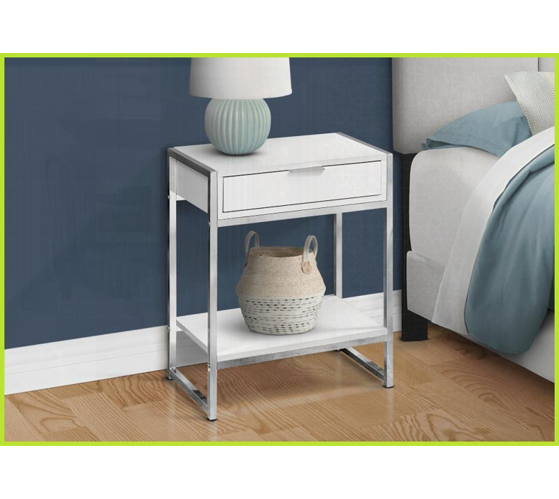 Table basse blanche brillante peu encombrante avec base en métal chromé et amp; Tiroir de rangement pour le salon
