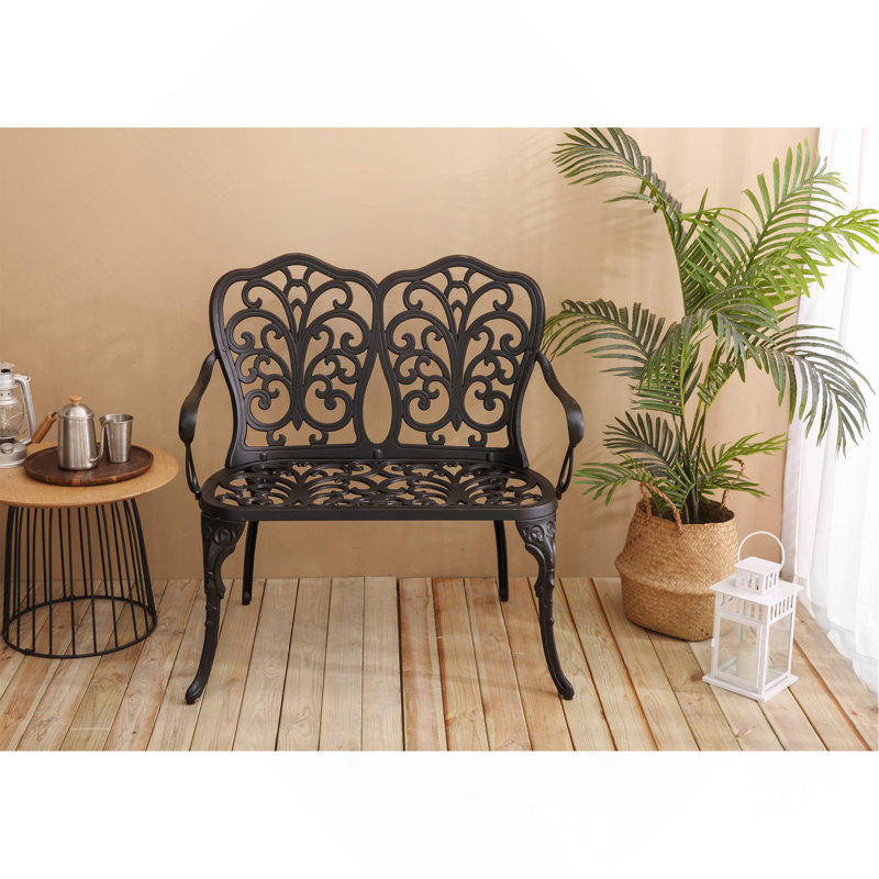 Patio Garden Bench Metal Park Bench Cast Aluminum Outdoor Furniture with Floral Rose for Patio, Park, Lawn, Yard, Black