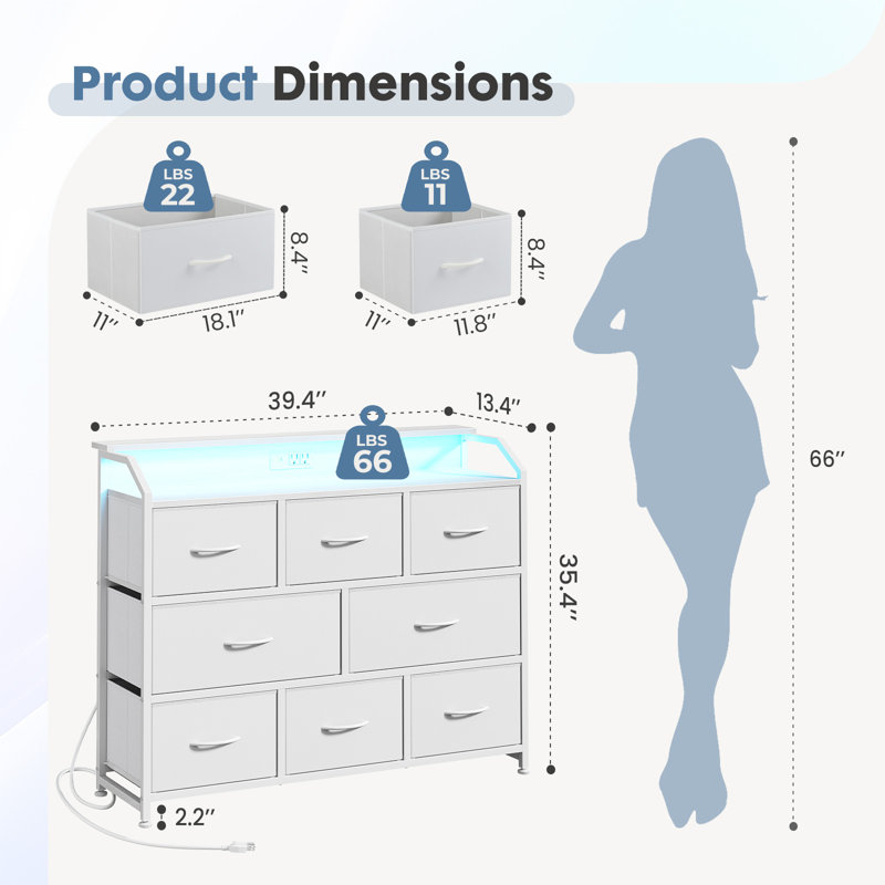 39.4" W Rectangular LED & Power Outlets 8-Drawer TV Stand, White