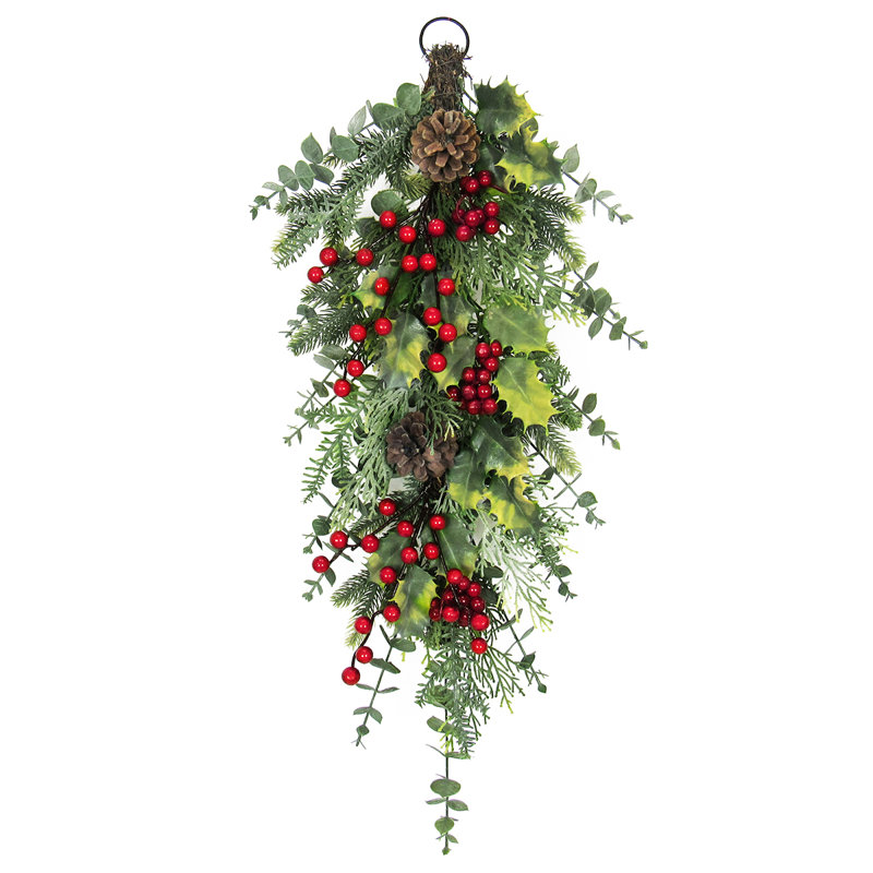 Mershon 28" Artificial Mixed Holly Berry Pine Cone & Eucalyptus Pine Christmas Teardrop Swag
