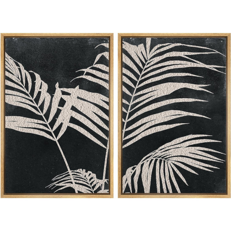 Art mural minimaliste noir sur feuille de palmier noir, impression neutre sur toile encadrée, 2 pièces, Naturel
